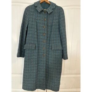 Vtg Rare HARRIS TWEED Scotland Wool Coat Teal Brown Notch Collar Woman's Medium